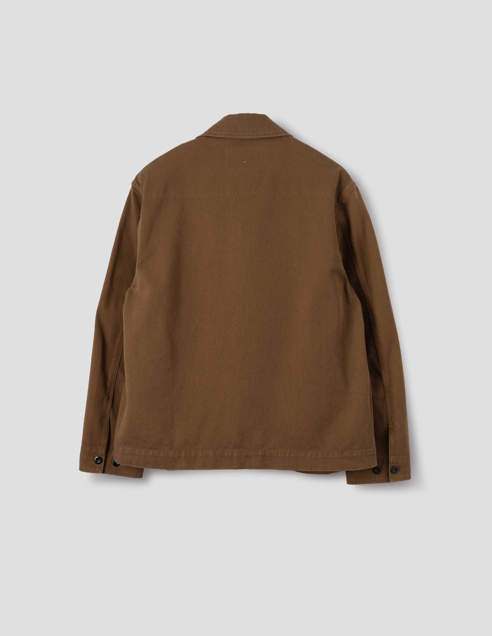 Brown blazer, with button-adjustable cuffs, back flat lay view.