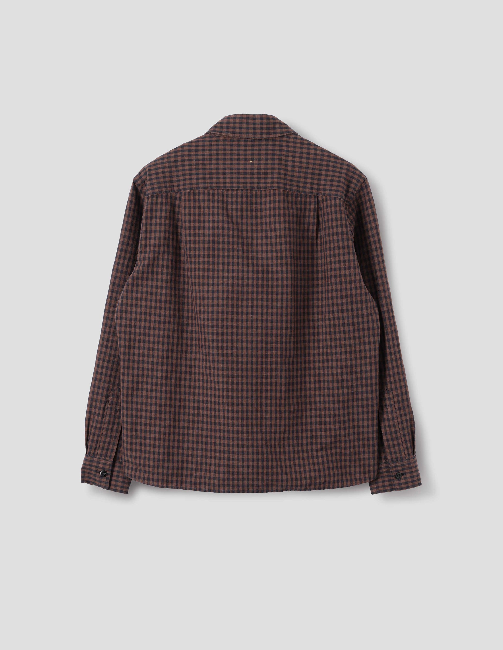 Brown and dark blue check cotton linen shirt, with back yoke and button cuffs, back flat lay view.