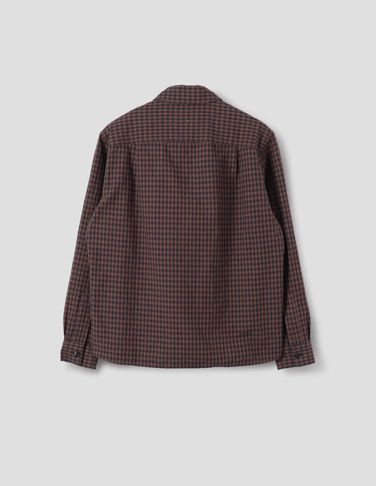 Brown and dark blue check cotton linen shirt, with back yoke and button cuffs, back flat lay view.