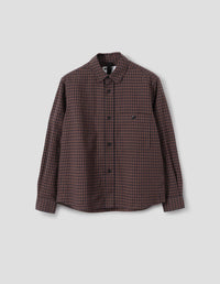 MHL. OVERALL SHIRT | IRREGULAR COTTON LINEN GINGHAM | CHESTNUT / INK
