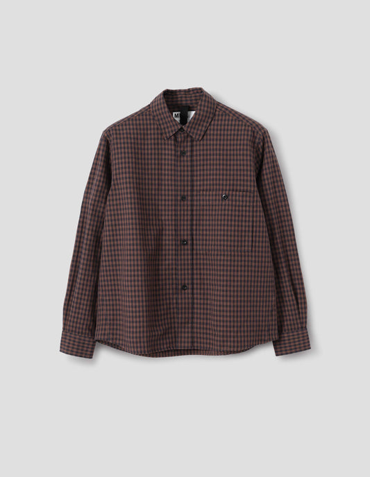 Brown and dark blue check cotton linen shirt, with button-through chest patch pocket and dark buttons, front flat lay view.