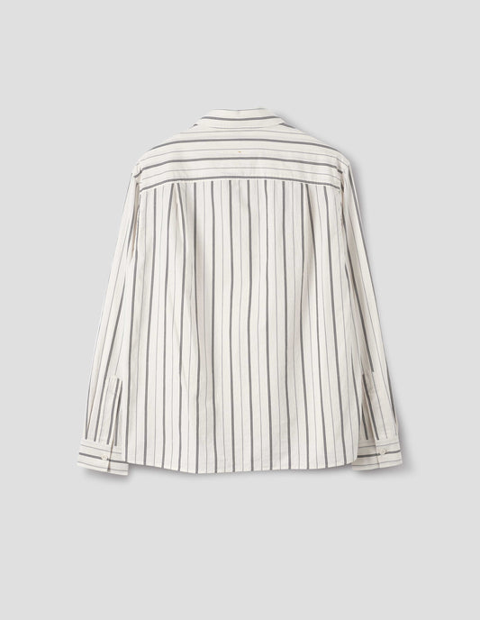Off white and dark blue stripe cotton shirt, with back yoke and two pleats, back flat lay view.