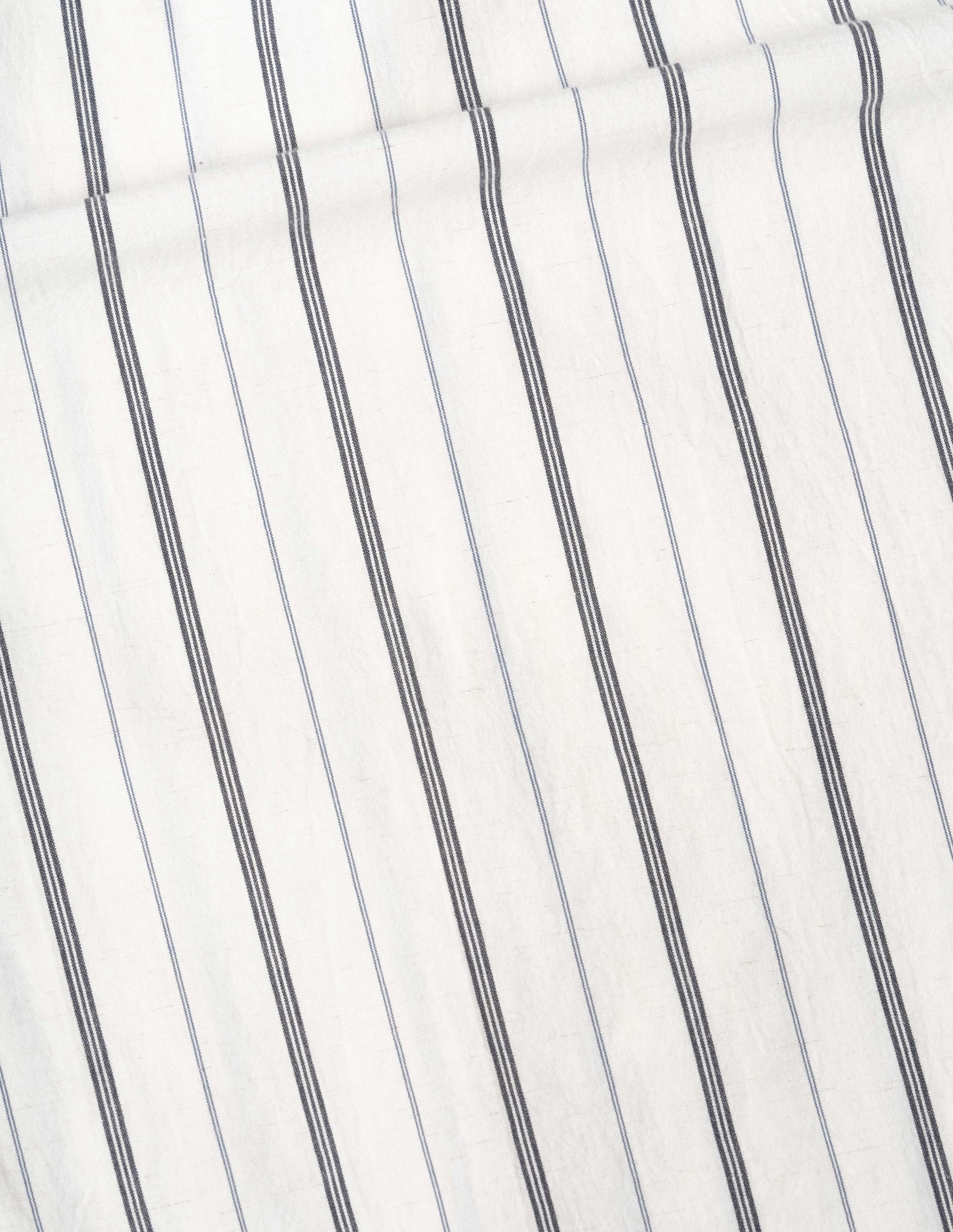 Off white and dark blue Japanese wide stripe cotton blend overall shirt, fabric swatch.