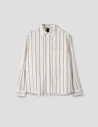 MHL. OVERALL SHIRT | JAPANESE WIDE STRIPE COTTON BLEND | OFF WHITE / NAVY