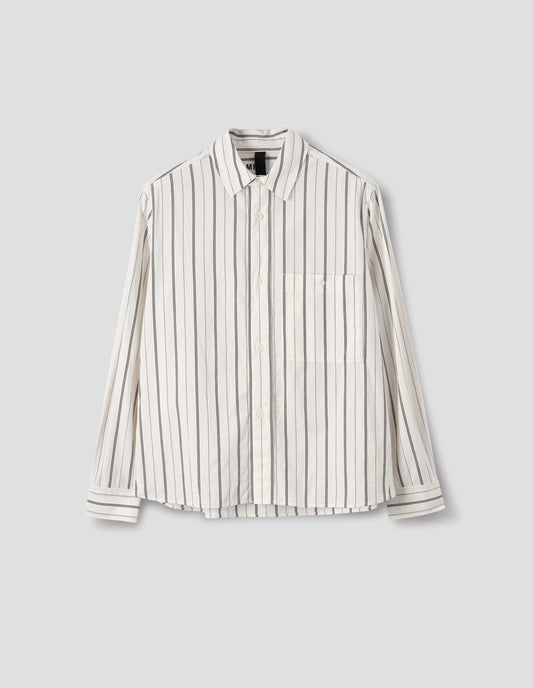 Off white and dark blue stripe cotton shirt, with light buttons and button-through chest patch pocket, front flat lay view.