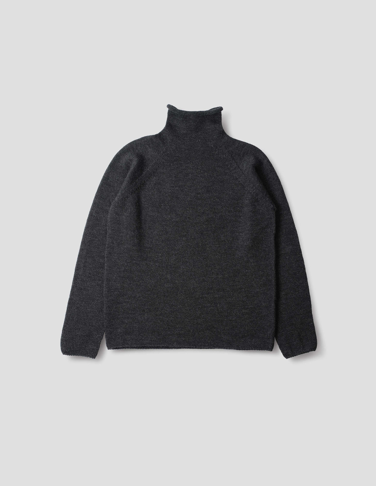 Off black high neck fully fashioned midweight wool sweater with raglan sleeves, rolled cuffs and hem, back flat lay view.