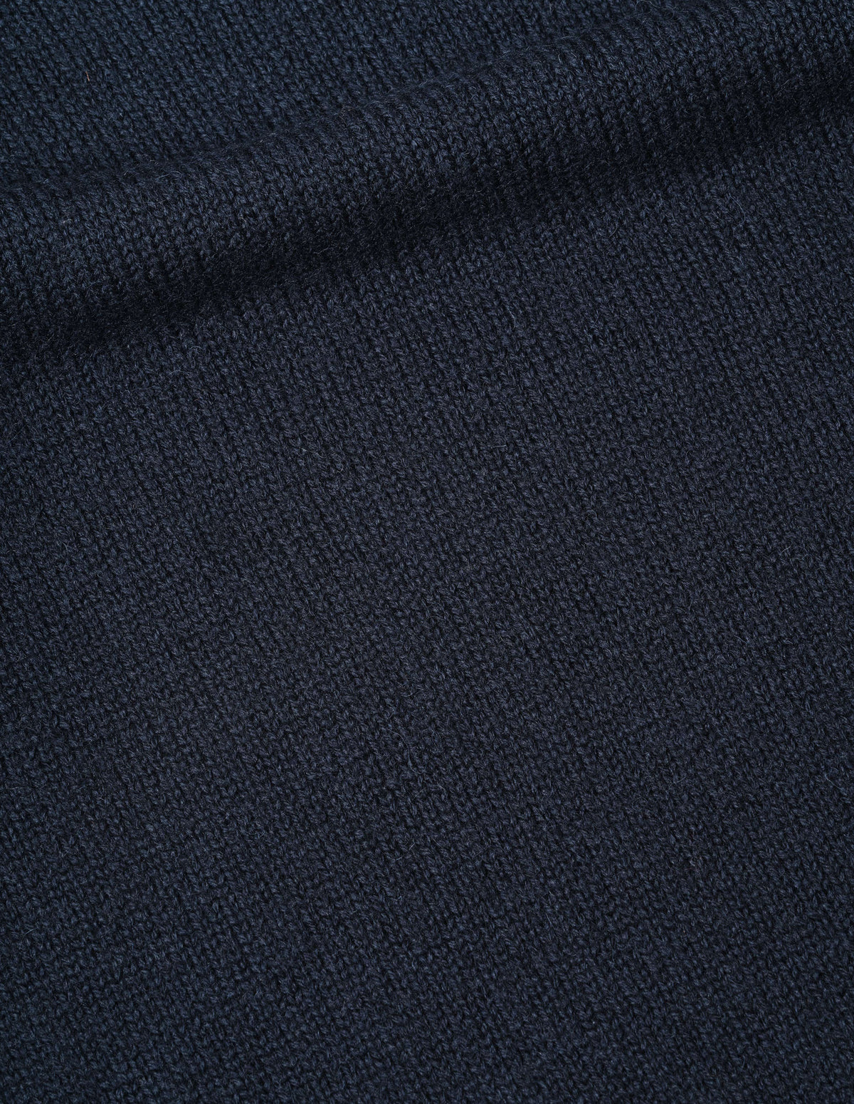 Dark blue high neck wool sweater with raglan sleeves, fabric swatch.
