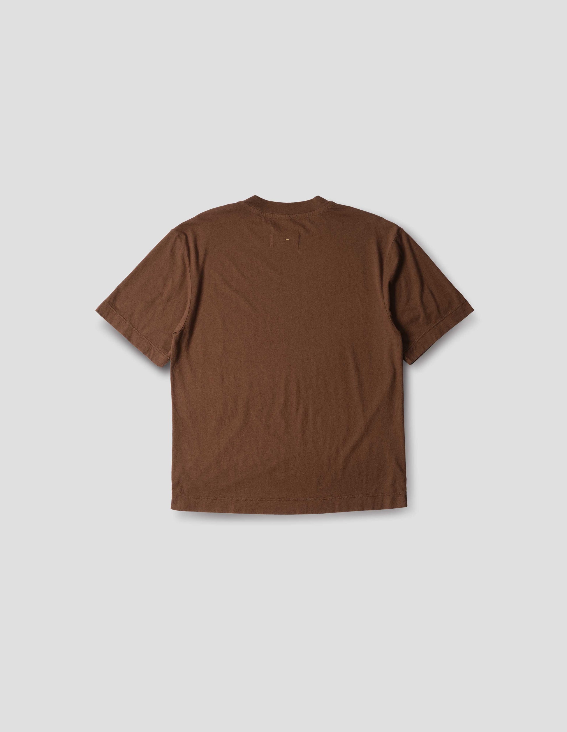 Brown cotton t shirt with short sleeves, back flat lay view.
