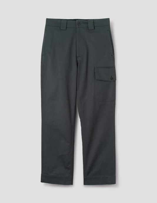 Blueish grey cotton trousers, with wide belt loops and a button and zip fly fastening. With side seam pockets, a large cargo pocket with button fastening. Front flat lay view.