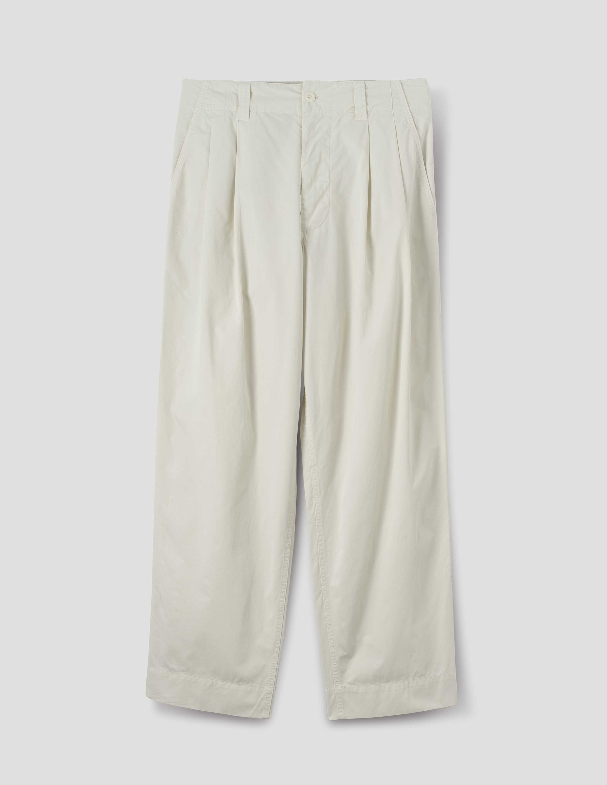 Off white double pleat cotton trousers with a stitch-through, button-fastening waistband, front flat lay view.