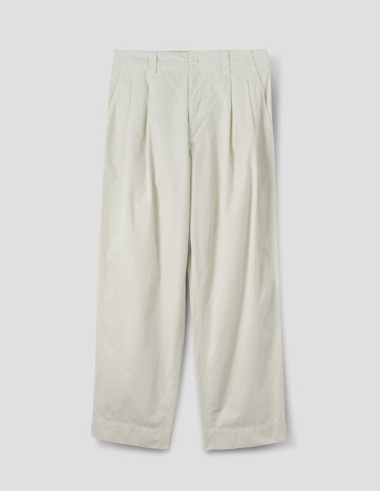 Off white double pleat cotton trousers with a stitch-through, button-fastening waistband, front flat lay view.