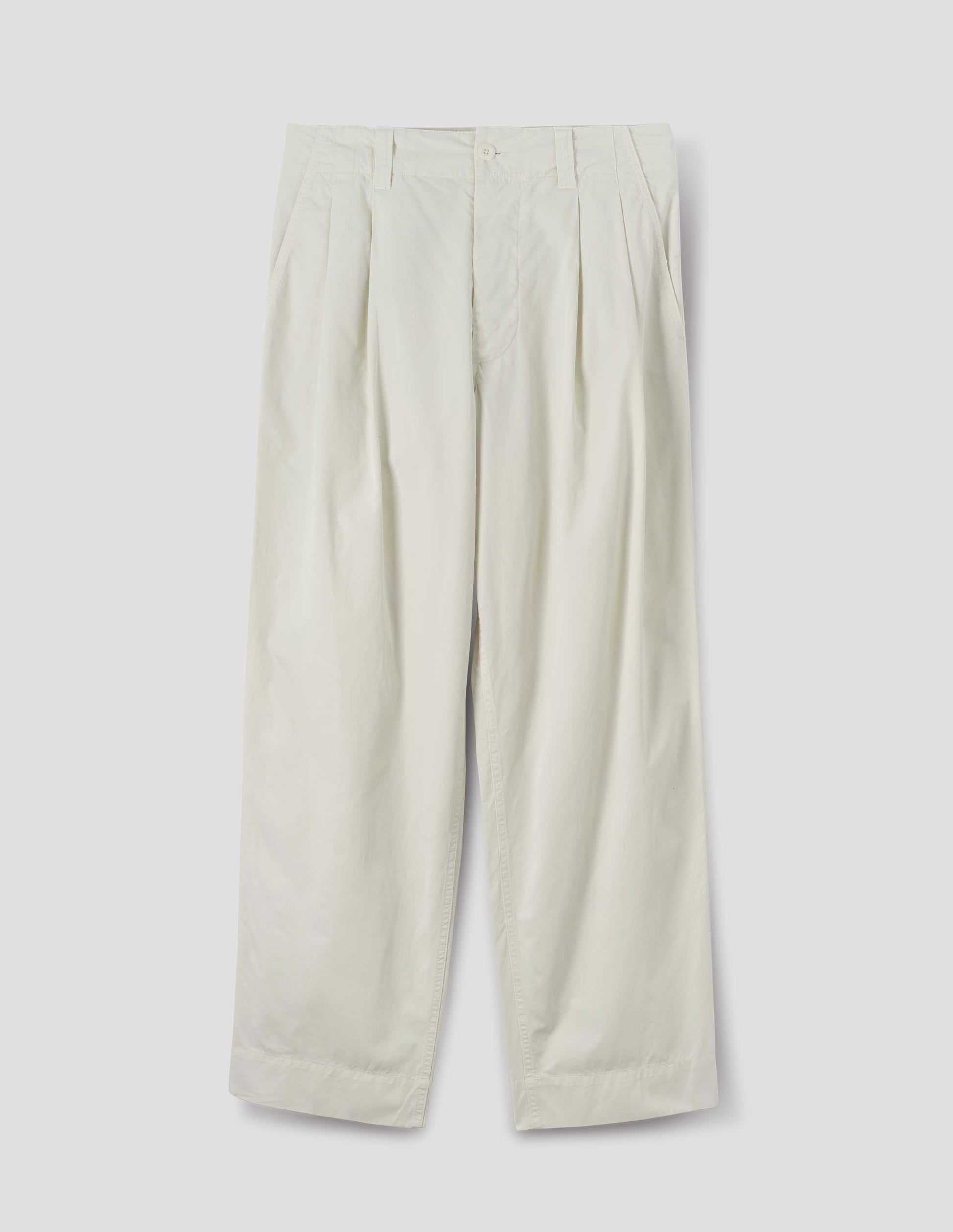 Off white double pleat cotton trousers with a stitch-through, button-fastening waistband, front flat lay view.