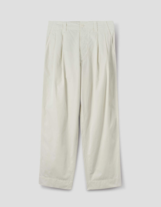 Off white double pleat cotton trousers with a stitch-through, button-fastening waistband, front flat lay view.