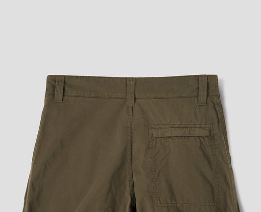 Brownish green cotton trousers with belt loops and stitch-through back pocket with concealed zip fastening, back flat lay view.