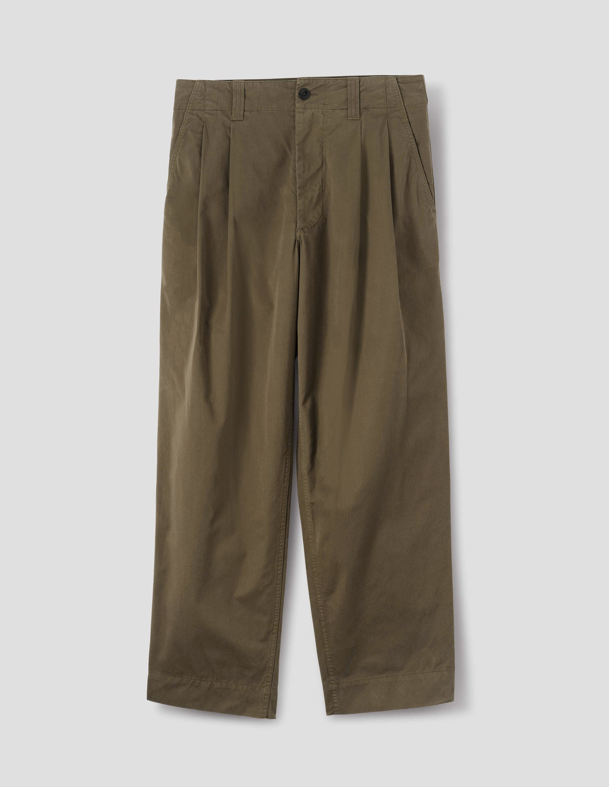 Brownish green cotton pleated trousers with a relaxed, generous cut.  Front double pleats are stitched-through. Dark button fastening on waistband, front flat lay view.