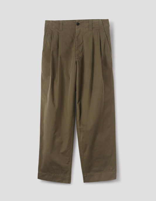 Brownish green cotton pleated trousers with a relaxed, generous cut.  Front double pleats are stitched-through. Dark button fastening on waistband, front flat lay view.