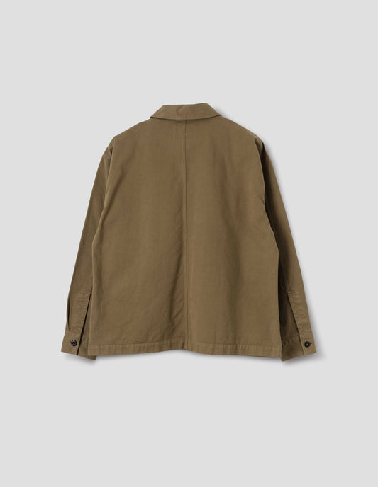 Brownish green cotton overshirt, with button closure shirt cuffs and centre back seam. Back flat lay view. 