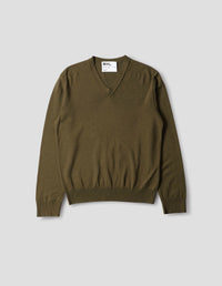 MHL. V NECK JUMPER | FINE MERINO WOOL | KHAKI