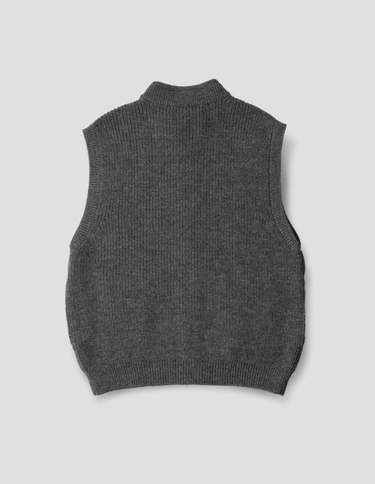 Grey knitted wool sleeveless gilet, with rib neck, armholes and hem. Back flat lay view.