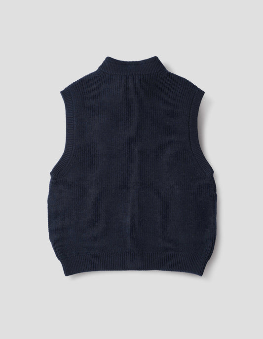 Dark blue wool gilet, with rib neck, armholes and hem, back flat lay view.