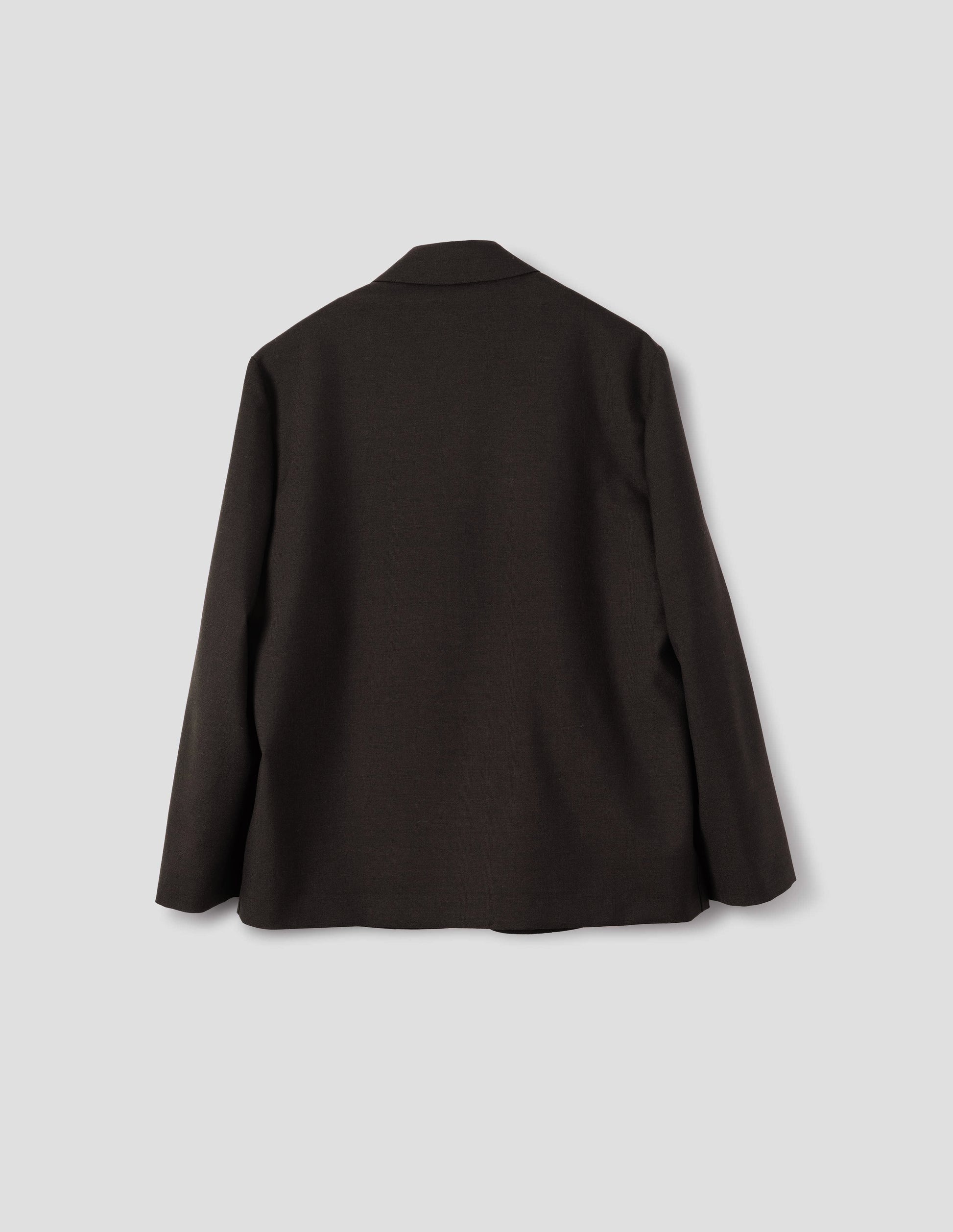 Dark brown wool blazer with dropped shoulders. Back flat lay view.