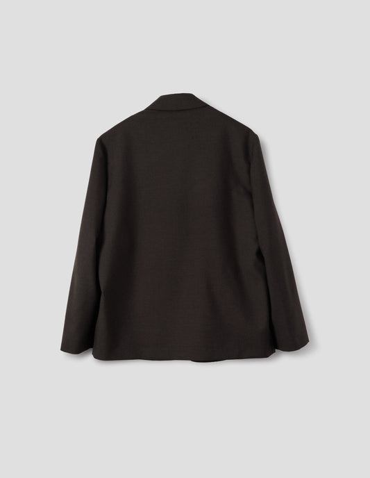 Dark brown wool blazer with dropped shoulders. Back flat lay view.