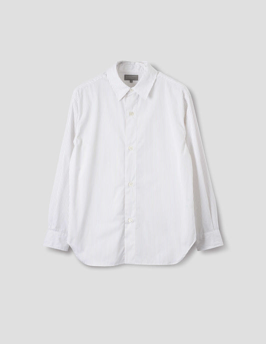 White cotton shirt with green stripes, mother of pearl buttons on wide stitch-through placket and curved hem. Front flat lay view.