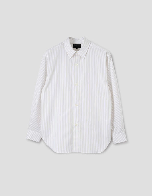 White cotton shirt with green stripes, mother of pearl buttons on wide stitch-through placket and curved hem. Front flat lay view.