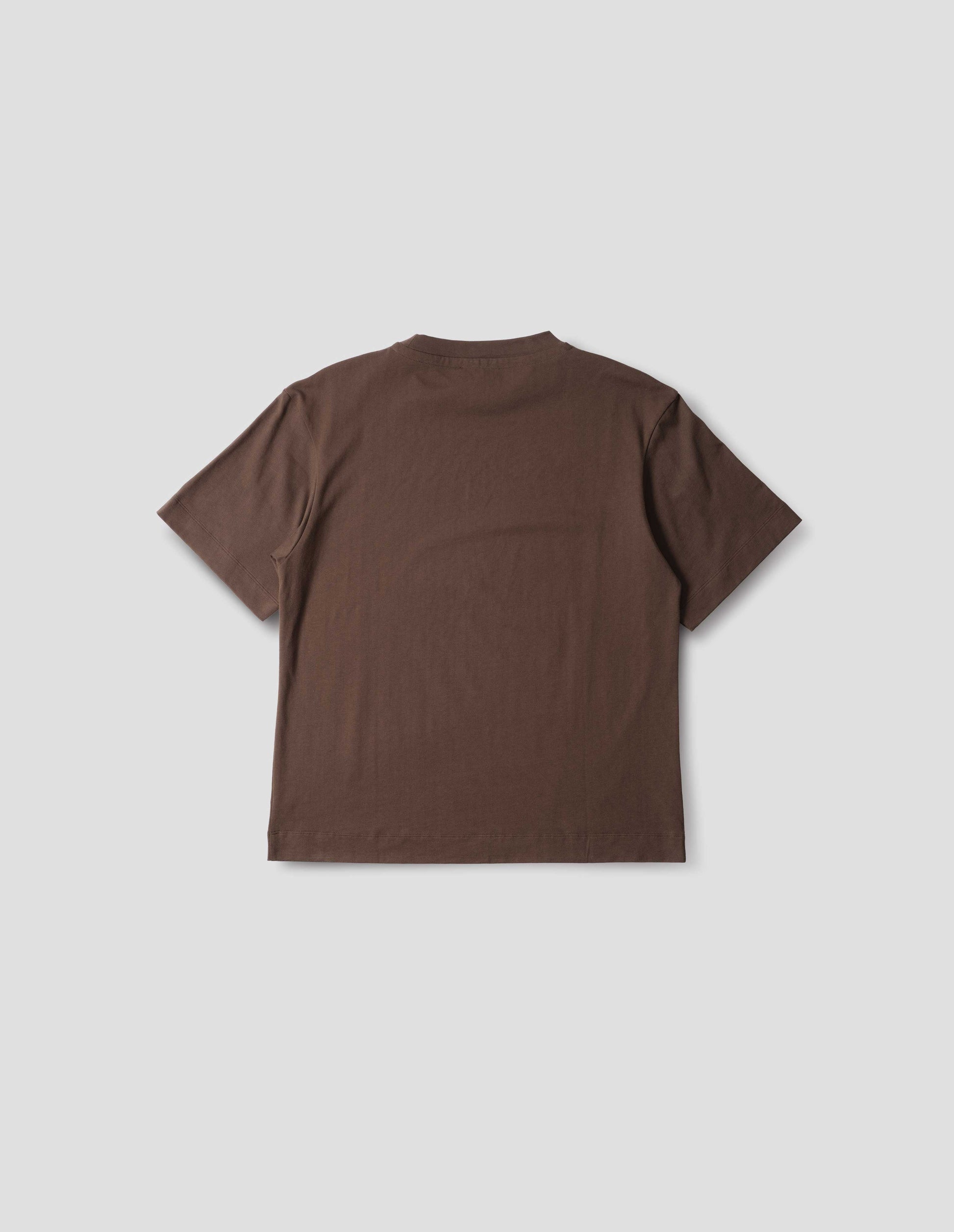 Dark brown jersey t-shirt with crew neck. Back flat lay view.