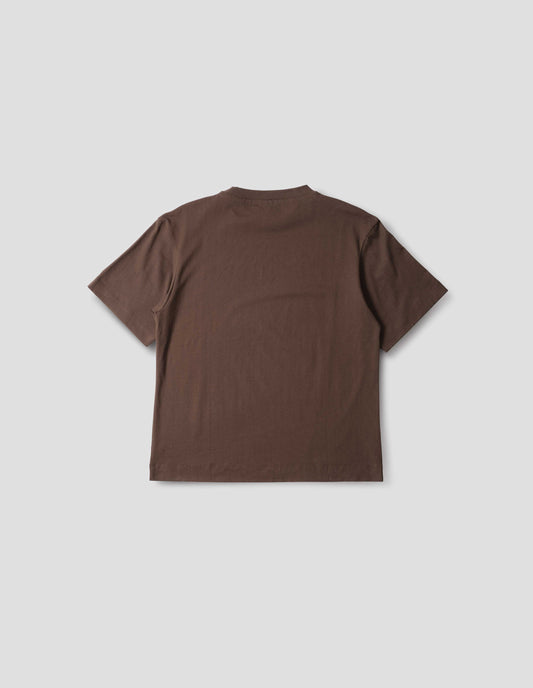 Dark brown jersey t-shirt with crew neck. Back flat lay view.