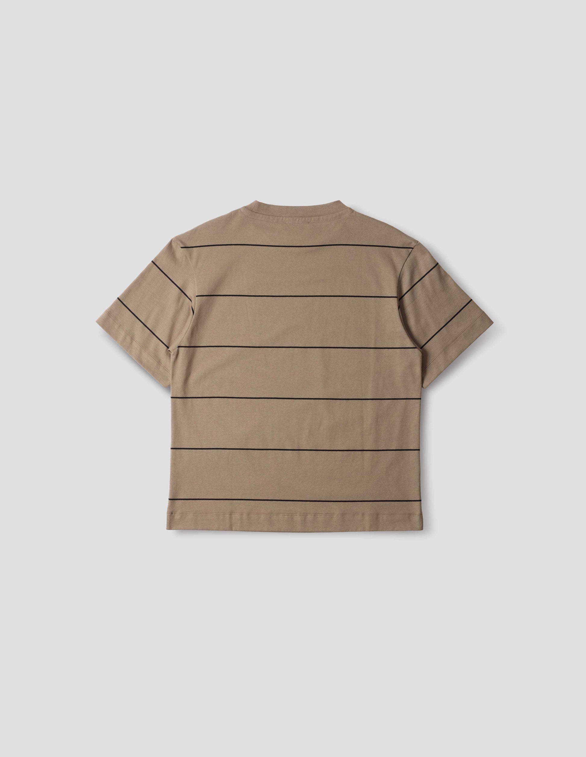 Beige jersey t-shirt with black stripes and with crew neck. Back flat lay view.