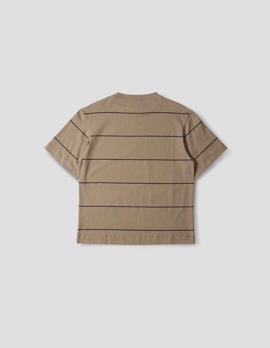 Beige jersey t-shirt with black stripes and with crew neck. Back flat lay view.