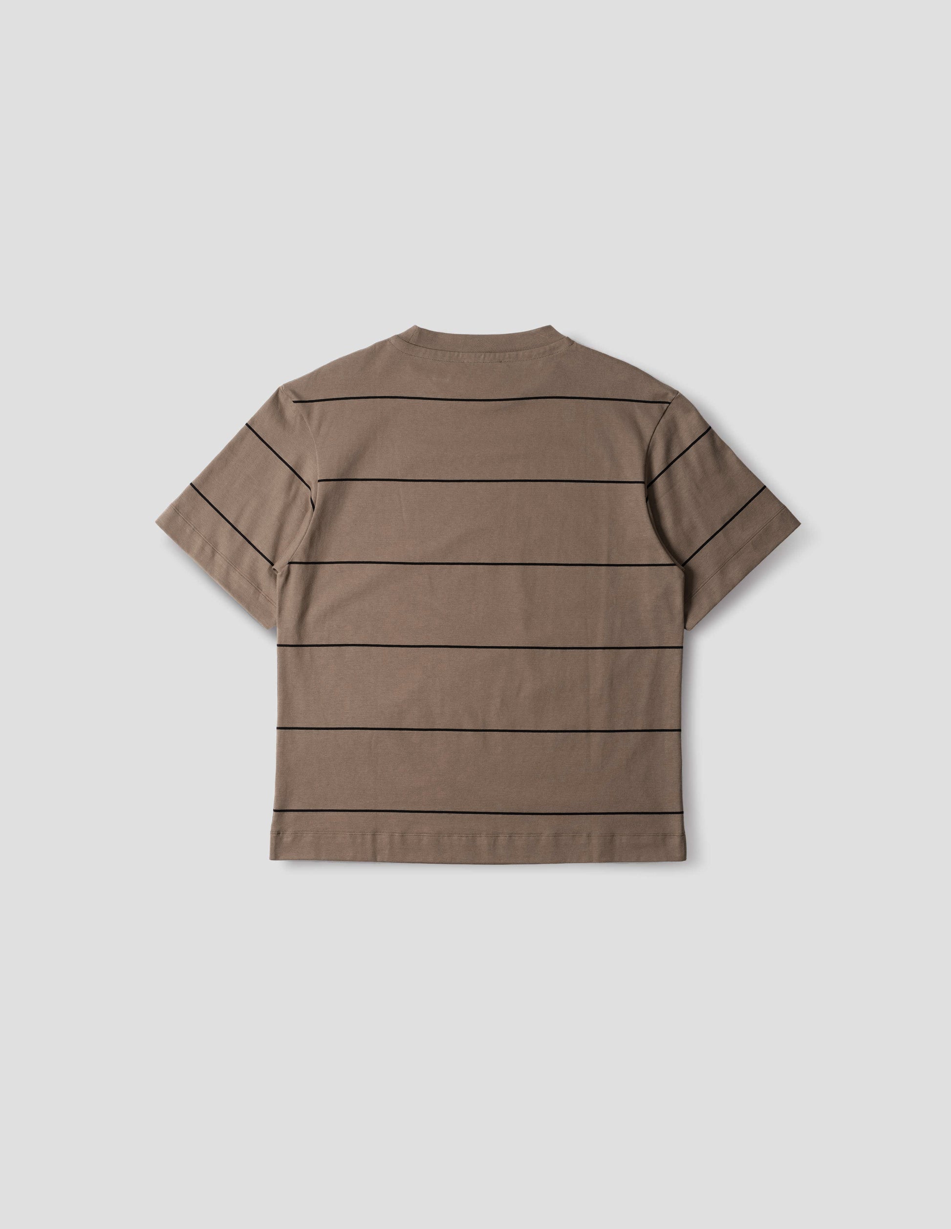 Beige jersey t-shirt with black stripes and with crew neck. Back flat lay view.