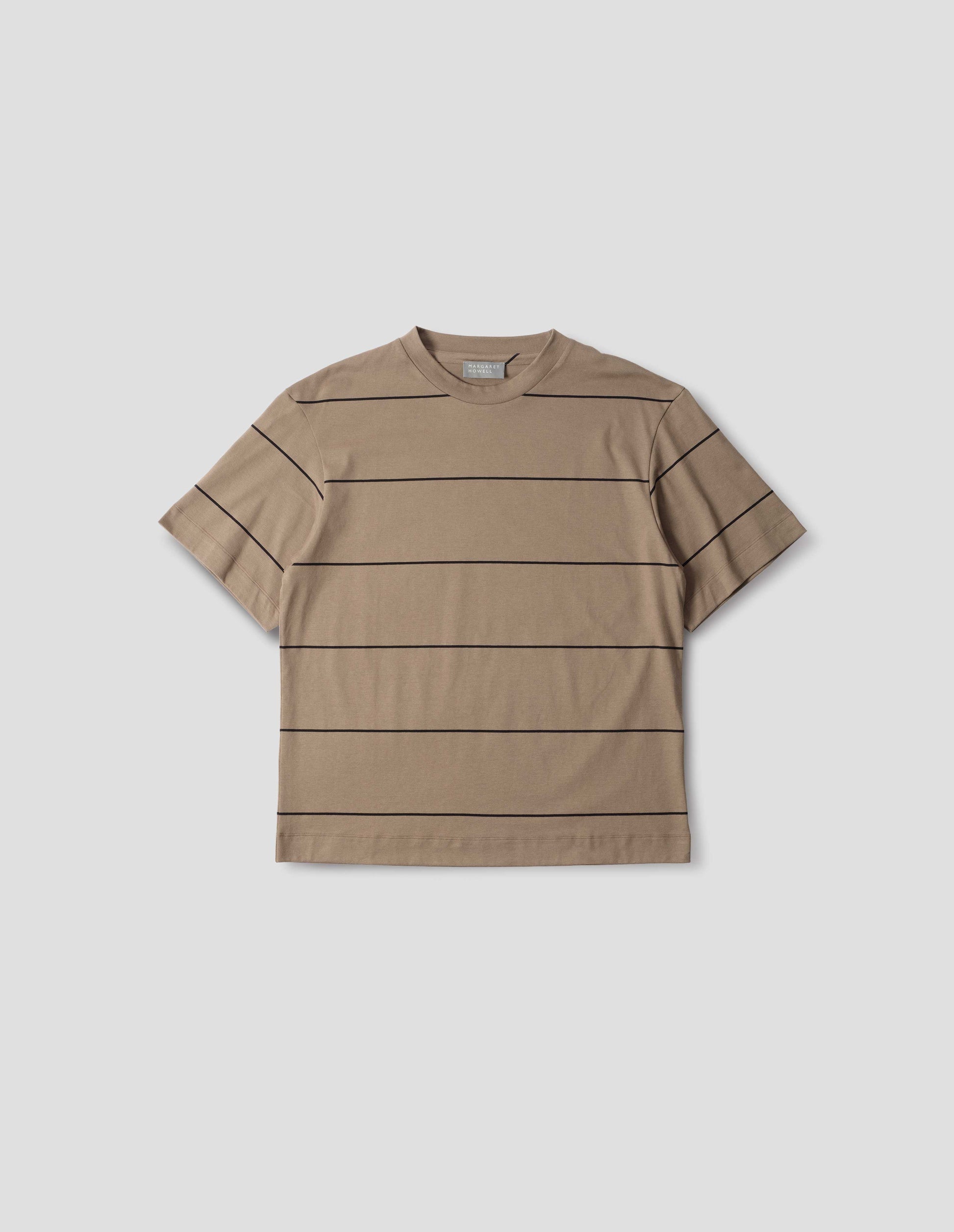 Beige jersey t-shirt with black stripes and with crew neck. Front flat lay view.