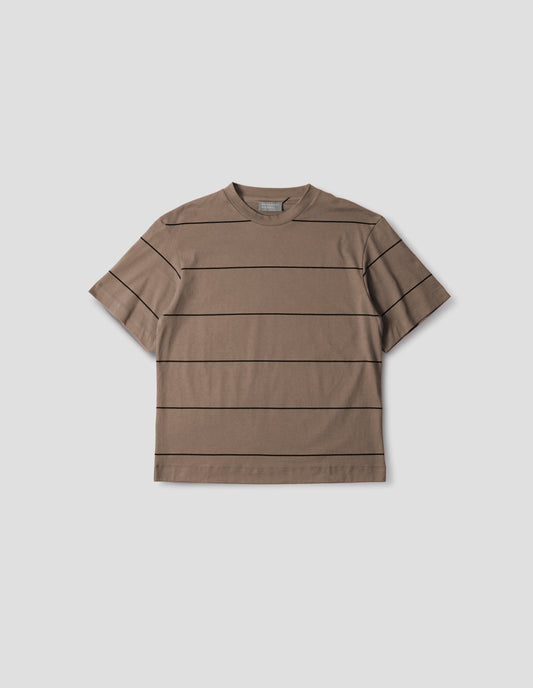 Beige jersey t-shirt with black stripes and with crew neck. Front flat lay view.