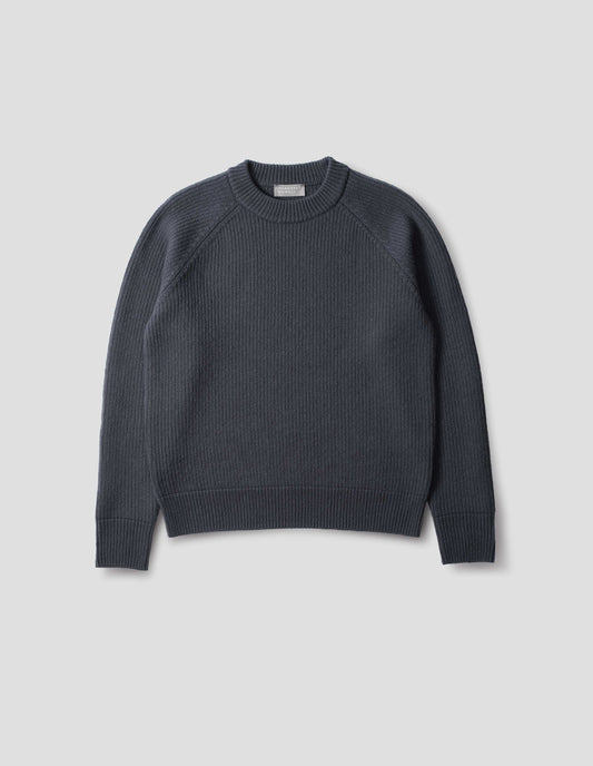 TEXTURED RIB CREW NECK JUMPER | IRREGULAR SPUN WOOL | SLATE