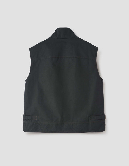 Dark green sleeveless jacket with with stepped back hem and side cinch adjusters, back flat lay view. 