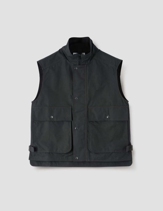 Dark green sleeveless jacket with press stud fastening closure and flap bellow pockets, front flat lay view. 