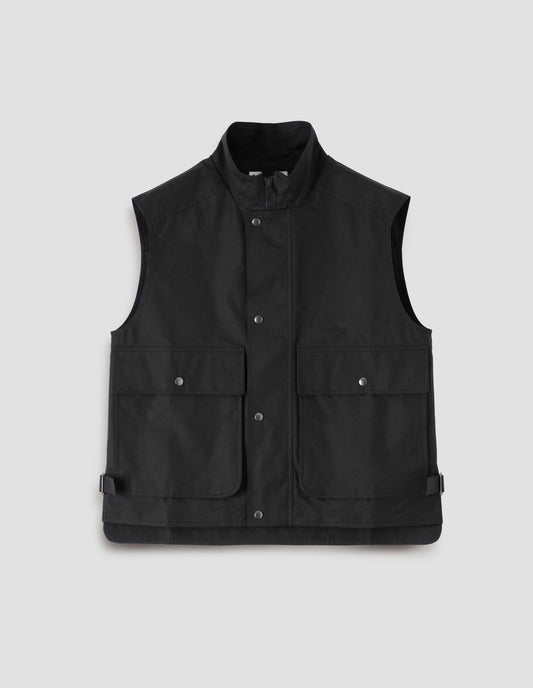 Black sleeveless jacket with press stud fastening closure and flap bellow pockets, front flat lay view.