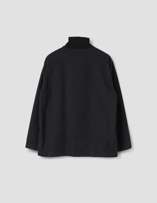 Navy blue jacket with contrast ribbed collar, back flat lay view.