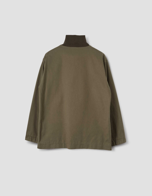 Green jacket with contrast ribbed collar, back flat lay view.