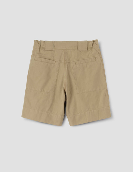 Beige shorts with slant welt back pockets, belt loops and deep stitch hem. Back flat lay view.