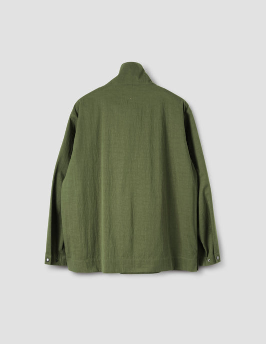 Green anorak with stand collar and  popper fastening adjustable cuffs, back flat lay view.
