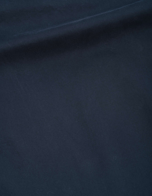 Dark navy double pleat trousers, tough cotton twill fabric swatch.