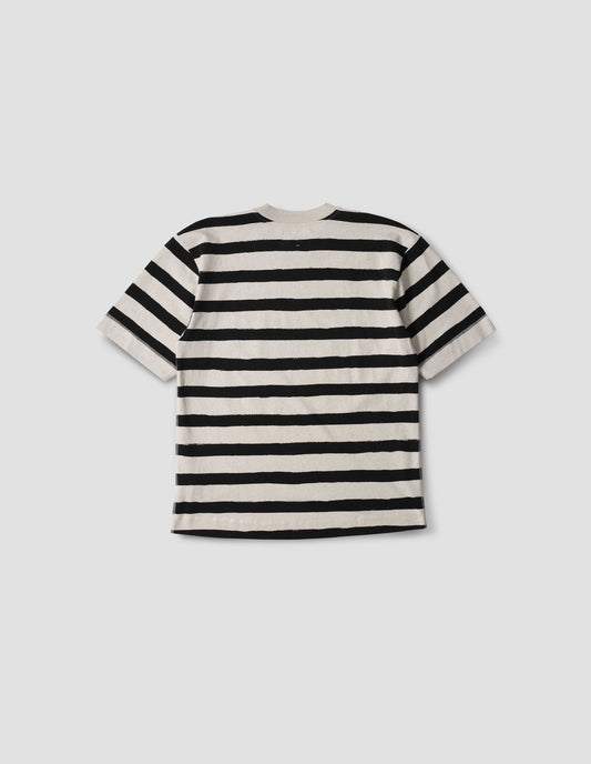 White and black striped cotton t-shirt with contrast rib neck, back flat lay view.