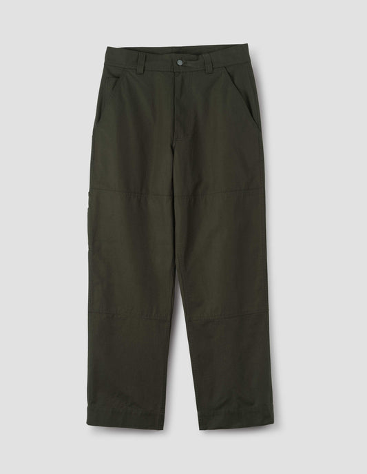Green trousers with large knee patches, slant pockets, belt loops, zip fly and double tool pocket on the side leg. Front flat lay view.