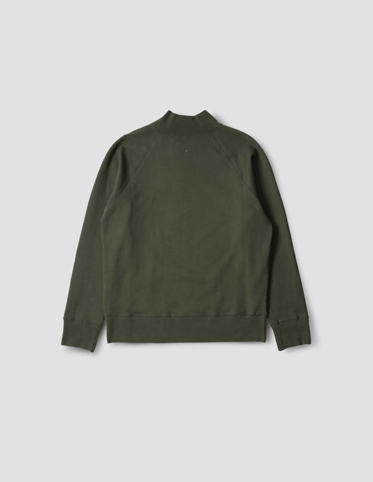 Green zip neck sweatshirt, with raglan sleeves and contrast rib neck, back flat lay view.