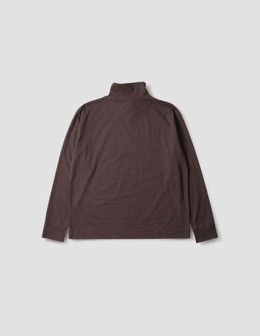 Brown relaxed cut high neck half zip sweatshirt, back flat lay view.