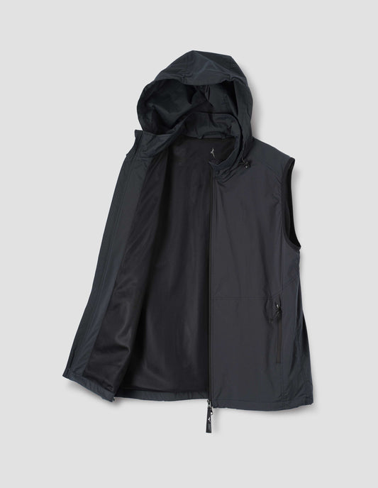 Dark navy sleeveless rain gilet with adjustable hood, zip fastening, elasticated puller and concealed zip side pockets. Front open flat lay view.