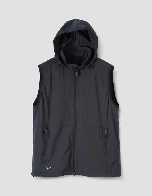 Dark navy sleeveless rain gilet with adjustable hood, zip fastening, elasticated puller and concealed zip side pockets. Front flat lay view.